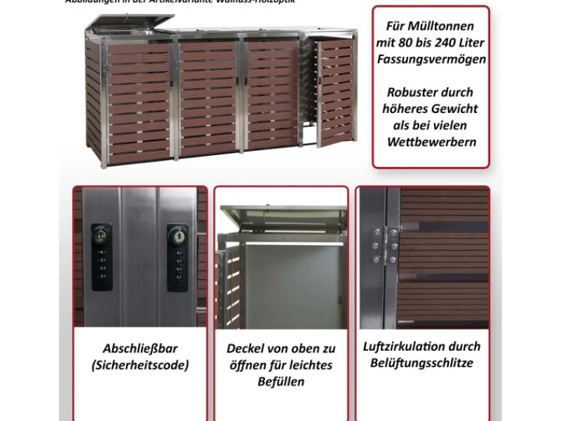 MCW Mülltonnenboxen|Mülltonnenverkleidung K14 4er Walnuss-Holzoptik 120x264x85cm