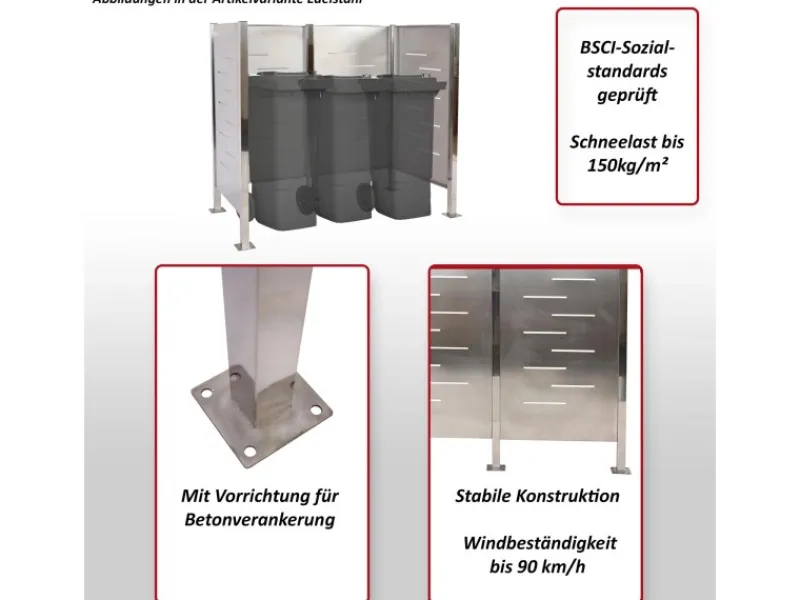 MCW Mülltonnenboxen|Mülltonnen-Zaun J55 Edelstahl 150x165x85cm Silber