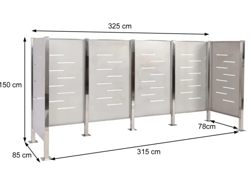 MCW Mülltonnenboxen|Mülltonnen-Zaun J55 Edelstahl 150x325x85cm Silber