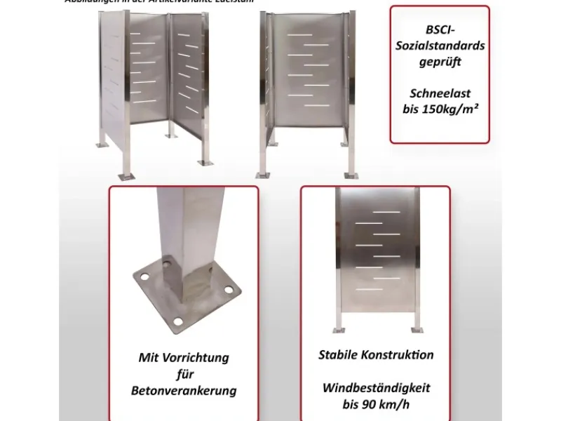 MCW Mülltonnenboxen|Mülltonnen-Zaun J55 Metall Edelstahl 150x85x85cm Silber