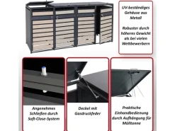 MCW Mülltonnenboxen|XL Mülltonnenverkleidung J81 4er/8er Kirsche-Holzoptik Dunkelbraun 117x284x98cm