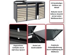 XL Mülltonnenverkleidung J81 3er/6er Kirsche-Holzoptik Dunkelbraun 117x215x98cm*MCW Online