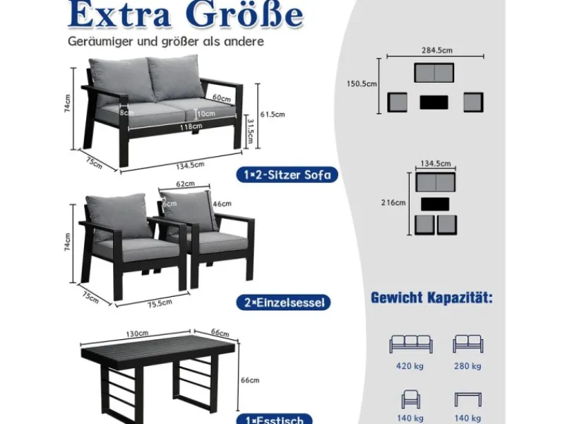 Lounge-Gartenmöbel|MeXo Aluminium Dining Lounge Outdoor mit Esstisch für 4 Personen