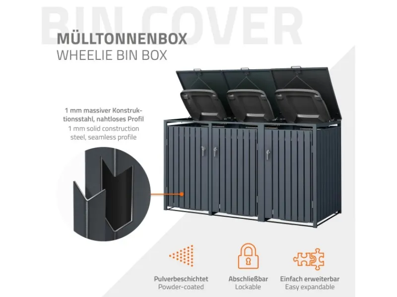 ML-Design Mülltonnenboxen|Mülltonnenbox 3Er für 3 Tonnen 240L 200x80x116,3 cm Anthrazit Stahl