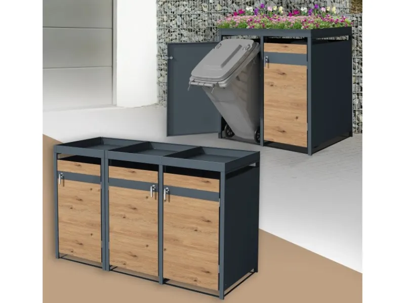 ML-Design Mülltonnenboxen|Mülltonnenbox 3Er Pflanzdach 200x80x116,3cm Anthrazit-Eiche