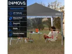 24Move Pavillons|Pavillon 3x3m UV-Schutz 50+ Wasserdicht & winterfest mit Tasche Grau