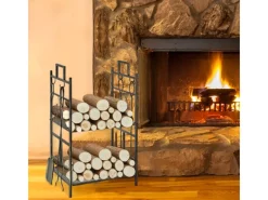 Outsunny Kaminholzregale|Besen|Kaminholzständer mit Kaminbesteck 51,5x33x77 cm