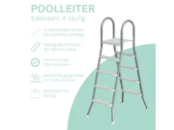 Poolomio Pooltechnik|Edelstahlleiter mit Handlauf 4-stufig für Pools bis 140 cm