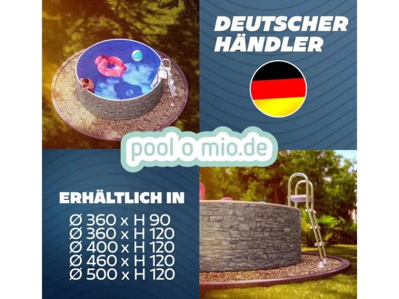 Stahlwandpool Set Rund 360 x 120 cm Steinoptik Aufstellpool mit Innenfolie, Skimmer und Einlaufdüse*Poolomio Discount