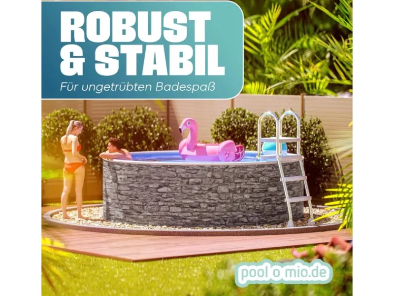 Stahlwandpool Set Rund 360 x 120 cm Steinoptik Aufstellpool mit Innenfolie, Skimmer und Einlaufdüse*Poolomio Discount