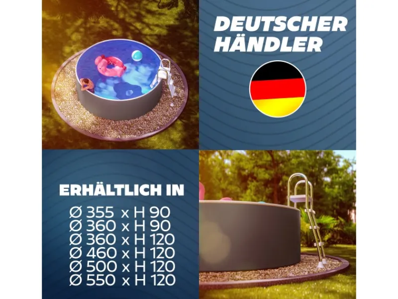 Stahlwandpool Set Rund 360 x 90 cm Graphite Aufstellpool mit Innenfolie Skimmer und Einlaufdüse*Poolomio New
