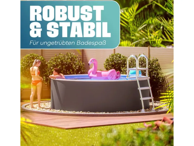 Stahlwandpool Set Rund 360 x 90 cm Graphite Aufstellpool mit Innenfolie Skimmer und Einlaufdüse*Poolomio New