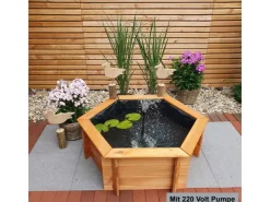 Promadino Teichfolien|Rund Um Den Teich|Sechseck-Hochteich Ø 100 cm inkl. Pumpe 220 Volt aus Kiefernholz