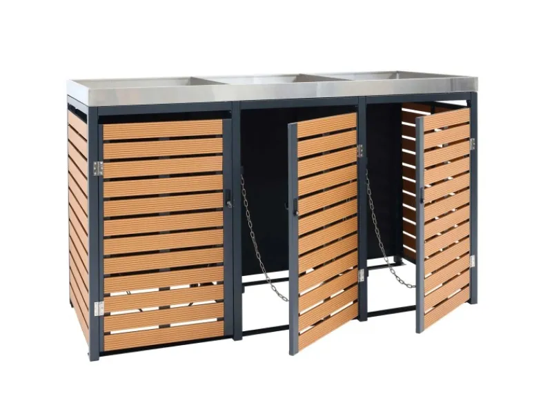 3er Mülltonnenverkleidung Mit Pflanzkasten HxBxT 124x200x84 cm Teak-Optik Mülltonne WPC Edelstahl 107kg*PROREGAL New