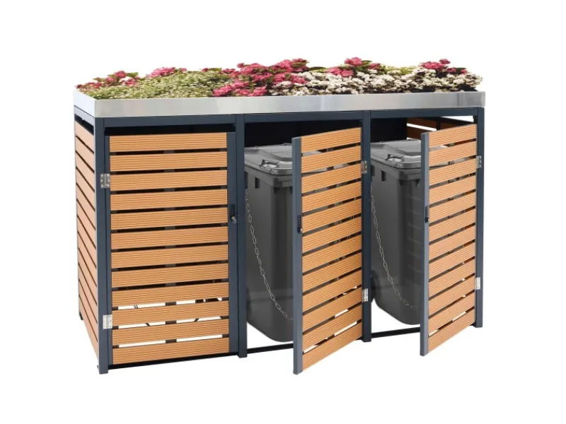 3er Mülltonnenverkleidung Mit Pflanzkasten HxBxT 124x200x84 cm Teak-Optik Mülltonne WPC Edelstahl 107kg*PROREGAL New