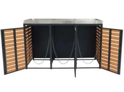 3er Mülltonnenverkleidung Mit Pflanzkasten HxBxT 124x200x84 cm Teak-Optik Mülltonne WPC Edelstahl 107kg*PROREGAL New