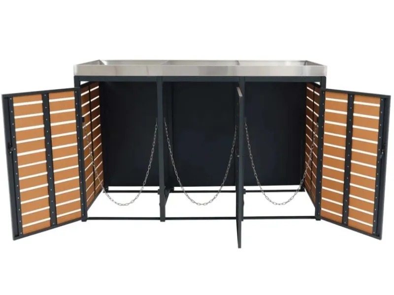 3er Mülltonnenverkleidung Mit Pflanzkasten HxBxT 124x200x84 cm Teak-Optik Mülltonne WPC Edelstahl 107kg*PROREGAL New
