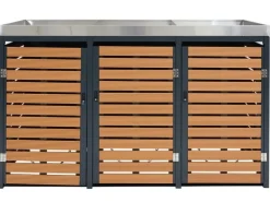 3er Mülltonnenverkleidung Mit Pflanzkasten HxBxT 124x200x84 cm Teak-Optik Mülltonne WPC Edelstahl 107kg*PROREGAL New