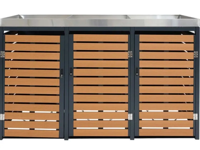 3er Mülltonnenverkleidung Mit Pflanzkasten HxBxT 124x200x84 cm Teak-Optik Mülltonne WPC Edelstahl 107kg*PROREGAL New