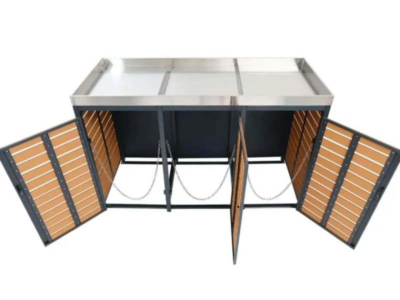 3er Mülltonnenverkleidung Mit Pflanzkasten HxBxT 124x200x84 cm Teak-Optik Mülltonne WPC Edelstahl 107kg*PROREGAL New