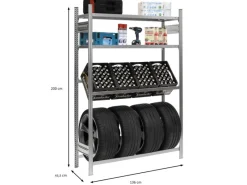 PROREGAL Sportgeräte|Getränkekisten- & Reifenregal Chiemsee Tire Made in Germany HxBxT 200 x 136 x 43,5 cm 4 Kisten auf 1 Ebene & 4 Reifen & 2 Boards Verzinkt