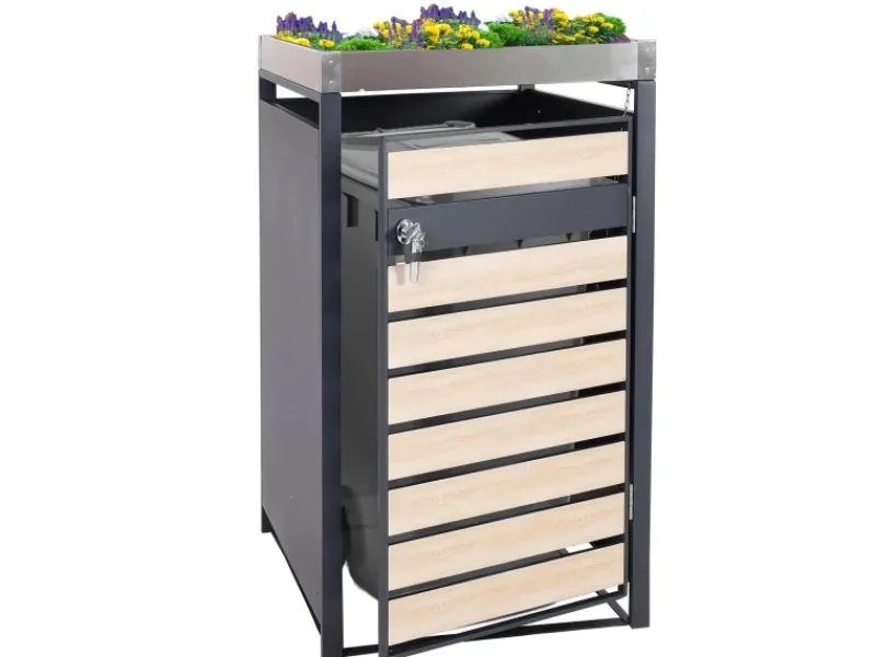 PROREGAL Weitere Ordnungssysteme Für Den Garten|Mülltonnenbox 1er Mit Pflanzkasten 125x68x80cm Anthrazit Buche-Holzoptik Erweiterbar