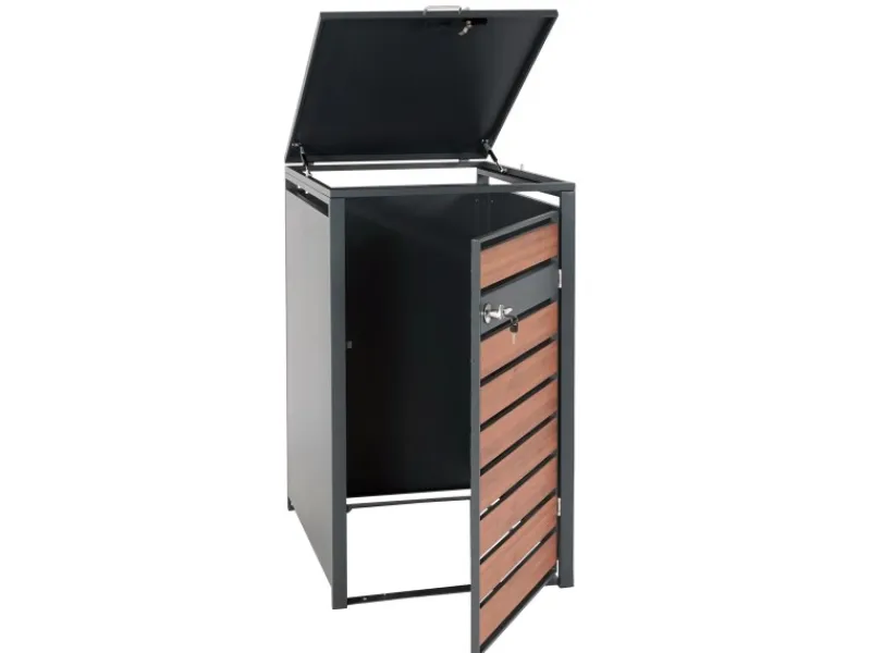 PROREGAL Weitere Ordnungssysteme Für Den Garten|Mülltonnenbox 1er XL 117x73x98cm Metall 36kg Anthrazit Kirsche-Holzoptik Dunkelbraun