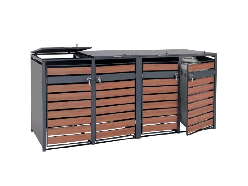 PROREGAL Mülltonnenboxen|Weitere Ordnungssysteme Für Den Garten|Mülltonnenbox 4er/8er XL 117x284x98cm Metall 118kg Anthrazit Kirsche-Holzoptik Dunkelbraun