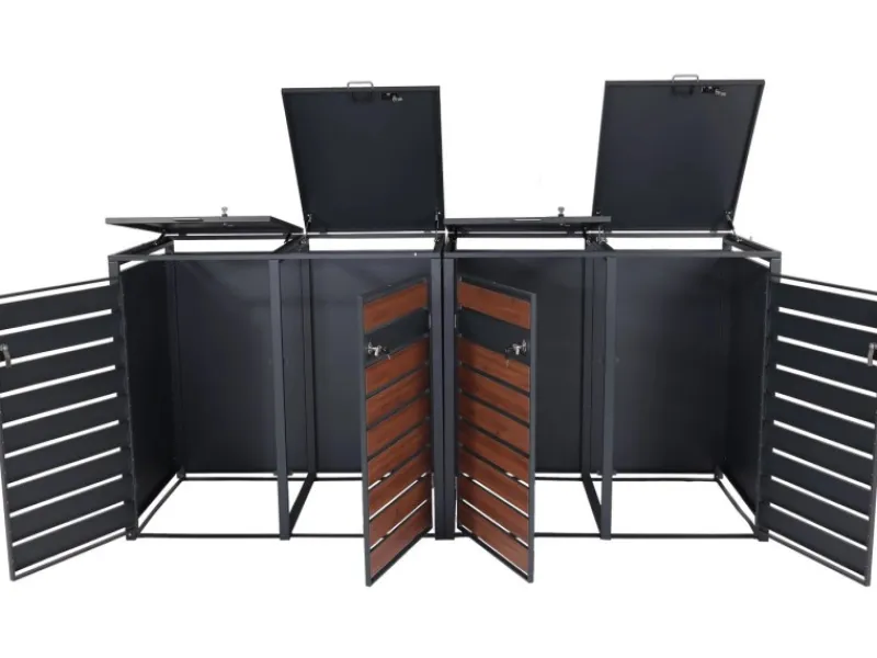 PROREGAL Mülltonnenboxen|Weitere Ordnungssysteme Für Den Garten|Mülltonnenbox 4er/8er XL 117x284x98cm Metall 118kg Anthrazit Kirsche-Holzoptik Dunkelbraun