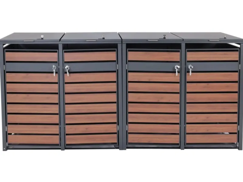 PROREGAL Mülltonnenboxen|Weitere Ordnungssysteme Für Den Garten|Mülltonnenbox 4er/8er XL 117x284x98cm Metall 118kg Anthrazit Kirsche-Holzoptik Dunkelbraun