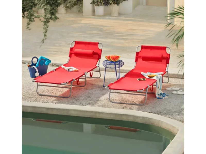 SoBuy Sonnenliegen|Gartenliege mit Seitentasche Klappbar Metall Rot OGS35-R