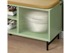 SoBuy Sitzkissen|Schuhbank mit Sitzfläche und Schiebetüren MDF Glas Grün FSR115-GR