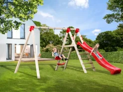 Tabaluga Doppelschaukel mit Podest, 2 Schaukelbretter, Sparset inkl. Rutsche rot*Weka