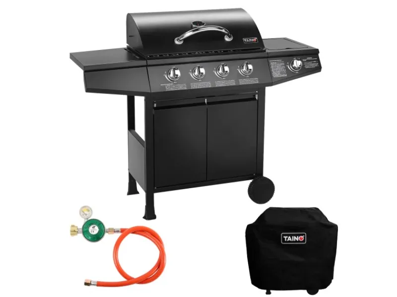 TAINO Gasgrills|Basic 4+1 Gasgrill Set Haube Regler BBQ Grillwagen 4 Edelstahl Brenner Seitenkocher TÜV Grill