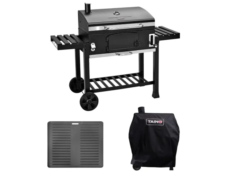 TAINO Smoker|Hero XXL Smoker Set Mit Haube Grillplatte BBQ Grillwagen Holzkohlegrill Grill Räucherofen
