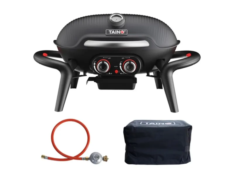 Kenai Set Gasgrill Abdeckhaube Gasdruckminderer Klein Tischgrill Outdoorküche Aluguss Schwarz*TAINO Discount