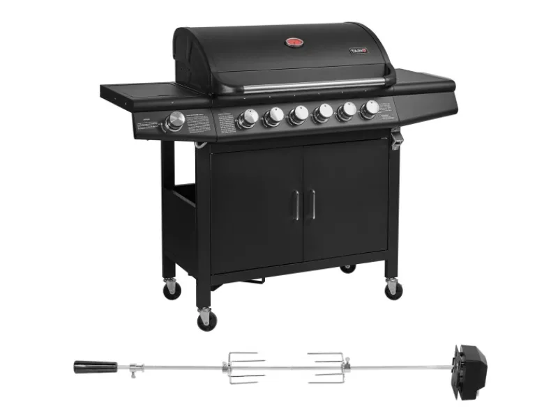 Red 6+1 Gasgrill Set mit Drehspieß Grillwagen BBQ Edelstahl-Brenner Gas-Grill Schwarz*TAINO Outlet