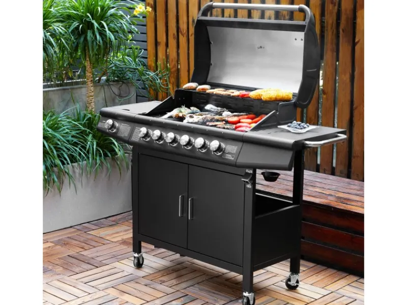 Red 6+1 Gasgrill Set mit Drehspieß Grillwagen BBQ Edelstahl-Brenner Gas-Grill Schwarz*TAINO Outlet