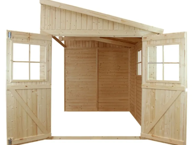 Timbela Kaminholzregale|Anbau-Gartenhaus Holz M341 10 m² ohne Seitenwand ohne Boden