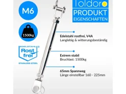Toldoro Sonnensegel|2 Sonnensegelspanner M6 & 2 Karabiner 70mm Wantenspanner Karabinerhaken Edelstahl Seilspanner für Sonnensegel