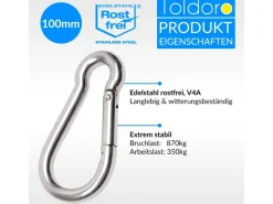 Toldoro Wassersport|10 Stück Edelstahl Karabiner 10x100mm Rostfrei NIRO AISI 316 V4A  Karabinerhaken Groß