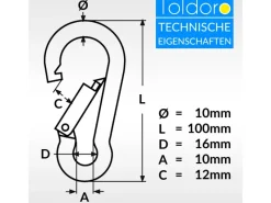 Toldoro Wassersport|2 Stück Edelstahl Karabiner 10x100mm Rostfrei NIRO AISI 316 V4A  Karabinerhaken Groß