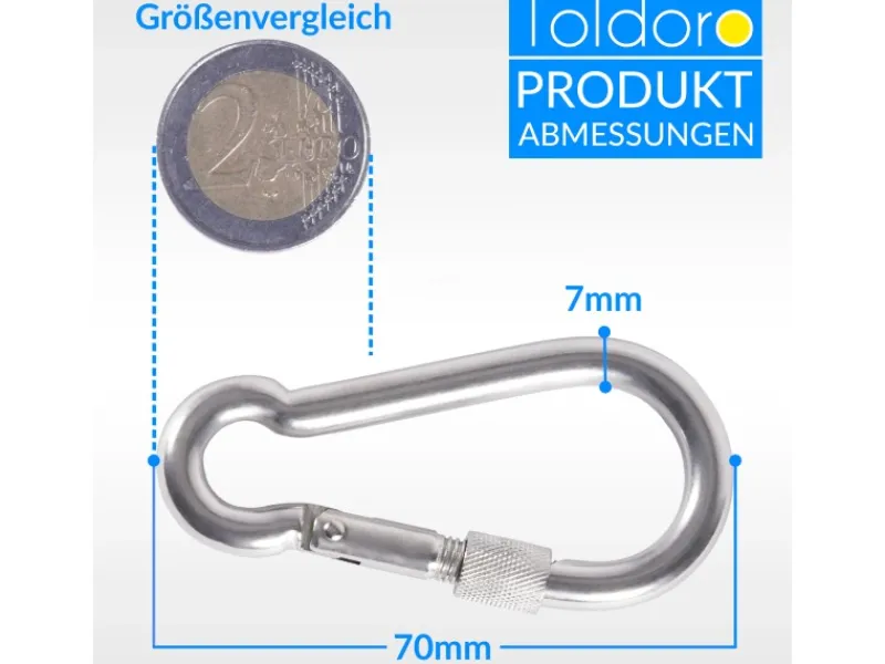 Toldoro Wassersport|10 Stück Edelstahl Karabiner mit Schraubverschluss 70mm Rostfrei NIRO V4A Karabinerhaken