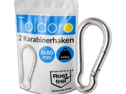 2 Stück Edelstahl Karabiner 8x80mm Rostfrei NIRO AISI 316 V4A Karabinerhaken*Toldoro Best
