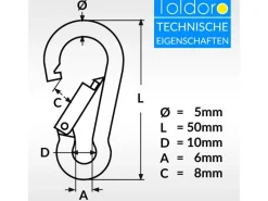 Toldoro Wassersport|10 Stück Edelstahl Karabiner 5x50mm Rostfrei NIRO AISI 316 V4A  Karabinerhaken Klein