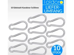 Toldoro Wassersport|10 Stück Edelstahl Karabiner 5x50mm Rostfrei NIRO AISI 316 V4A  Karabinerhaken Klein