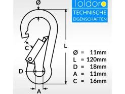 Toldoro Wassersport|5 Stück Edelstahl Karabiner 11x120mm Rostfrei NIRO AISI 316 V4A  Karabinerhaken Groß
