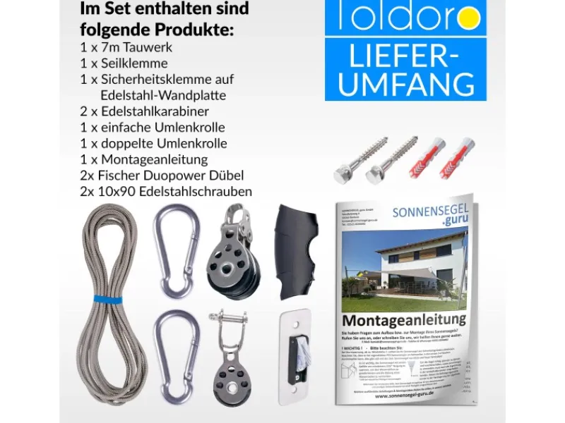 Toldoro Sonnensegel|Pavillons|3-Fach Flaschenzug mit Sicherheitsklemme auf Wandplatte Seilzug Flaschenzug Zum Spannen und Befestigen von Sonnensegel