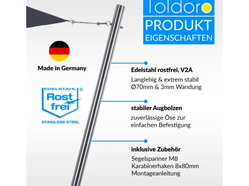 Toldoro Sonnensegel|3m Sonnensegelmast Edelstahl Ø70mm mit Fester Öse und Bodenhülse Pfosten für Sonnensegel Sonnensegelpfosten