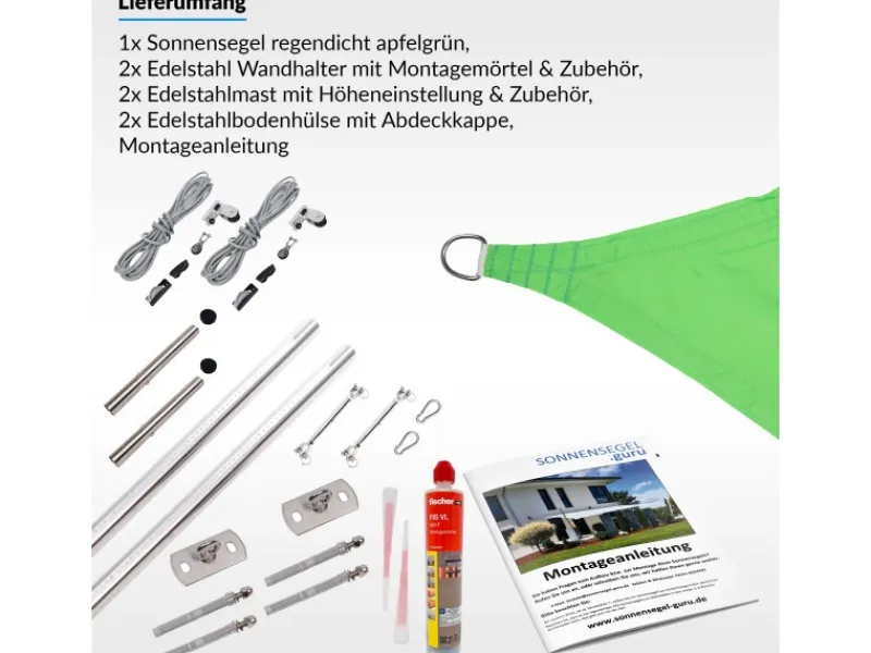 Toldoro Sonnensegel|Sonnensegel Komplettset 4,6x4,6m UPF50+ mit Befestigungsmaterial Halterung Pfosten Mast & Zubehör Regendicht UV-Schutz Sonnenschutz Apfel